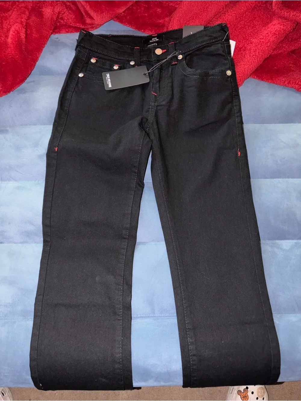 True Religion Slim Straight Black Jeans with Red Stitching